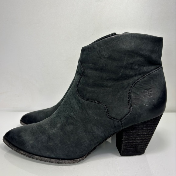 Frye Black Nubuck Leather Stacked Heel Reed Western Booties Size 8.5 - Picture 6 of 11